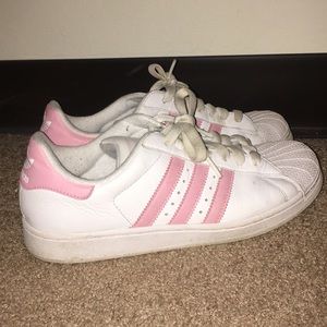 BABY PINK AND WHITE ADIDAS SUPERSTARS
